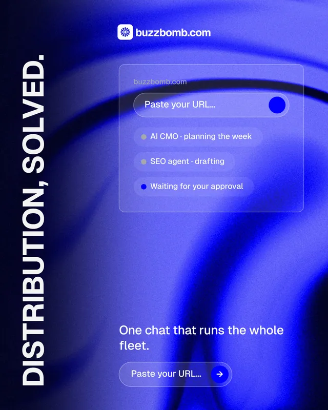 Instagram portrait post for BuzzBomb: "Distribution, solved." Agentic glass style, vertical layout, dark palette in blue.