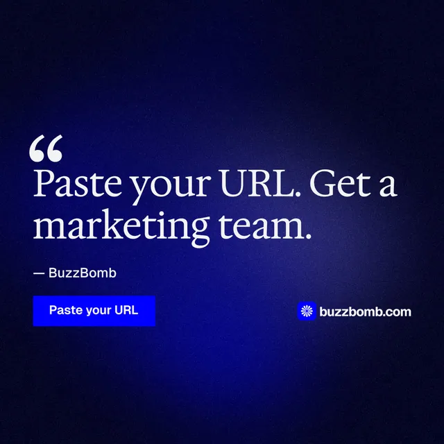 Instagram post for BuzzBomb: "One launch. A week of posts." Swiss style, quote layout, dark palette in black, blue.