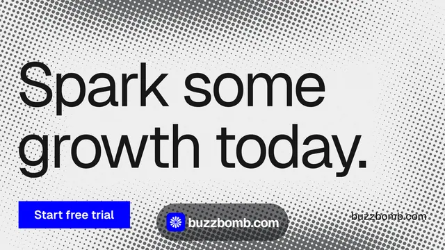Landscape graphic for BuzzBomb: "Spark some growth today." Swiss style, poster layout, light palette in white, grey.