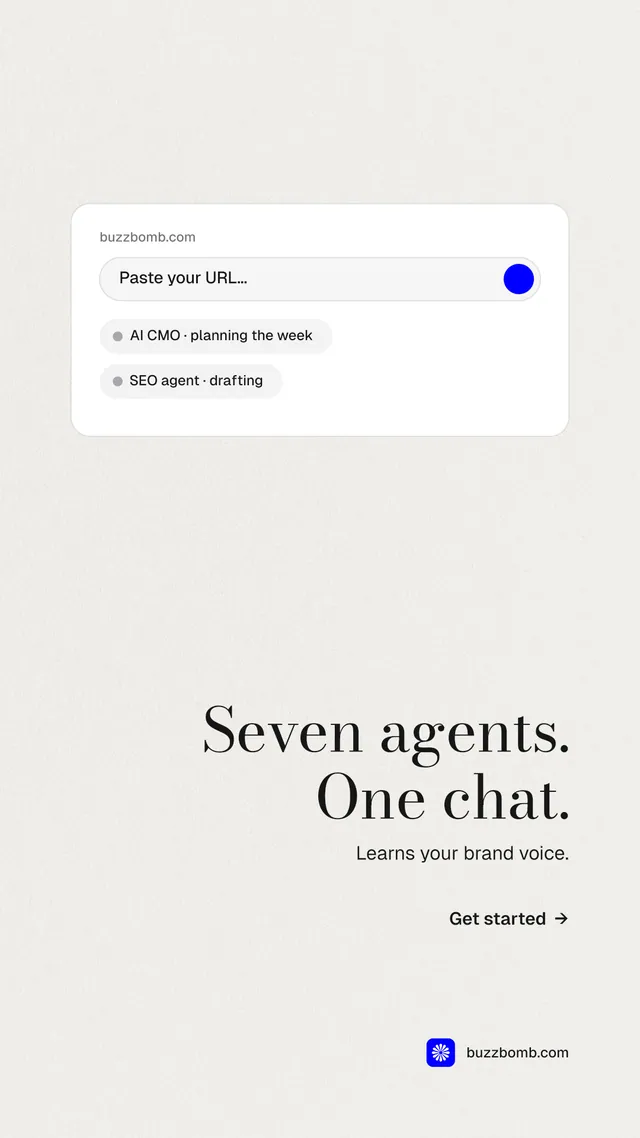 Instagram story for BuzzBomb: "Seven agents. One chat." Minimal luxury style, right layout, light palette in white.