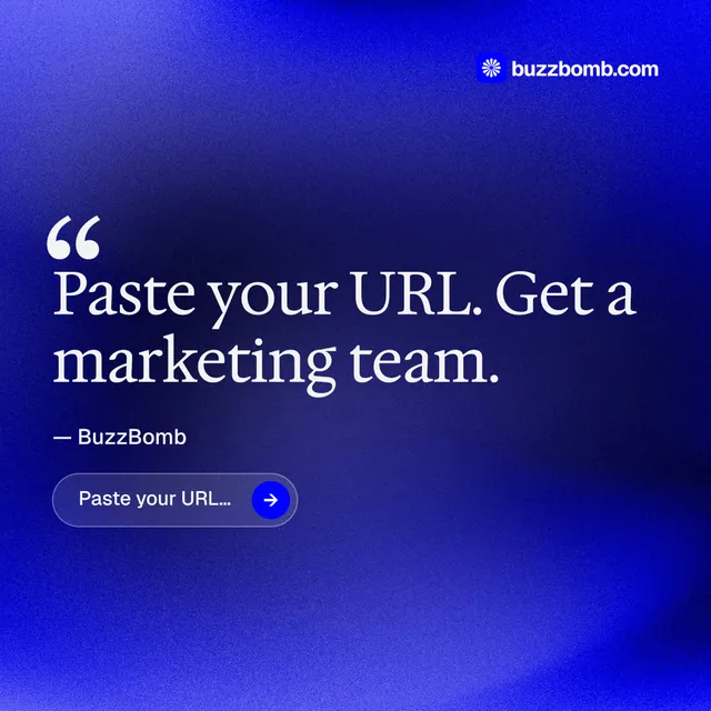 Instagram post for BuzzBomb: "Distribution, solved." Agentic glass style, quote layout, dark palette in blue.