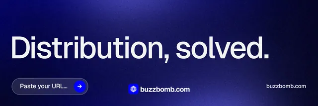 X header for BuzzBomb: "Distribution, solved." Agentic glass style, poster layout, dark palette in blue, black, grey.