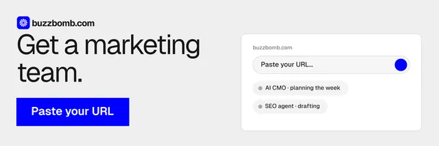 X header for BuzzBomb: "Get a marketing team." Swiss style, skeleton layout, light palette in white, blue.