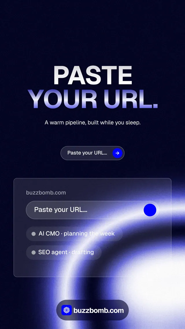 Instagram story for BuzzBomb: "Paste your URL." Agentic glass style, centred layout, dark palette in black, blue.