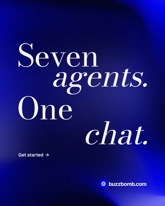 Instagram portrait post for BuzzBomb: "Seven agents. One chat." Minimal luxury style, stacked layout, dark palette in blue.