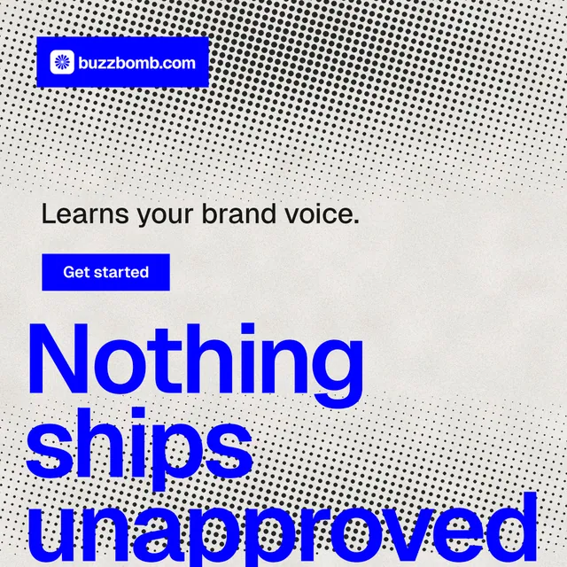 Instagram post for BuzzBomb: "Seven agents. One chat." Swiss style, oversized layout, light palette in grey, white, blue.