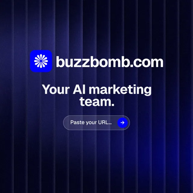 Instagram post for BuzzBomb: "Your AI marketing team." Agentic glass style, logo hero layout, dark palette in black, blue.
