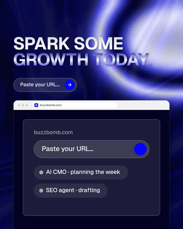 Instagram portrait post for BuzzBomb: "Spark some growth today." Agentic glass style, browser layout, dark palette in blue, black.