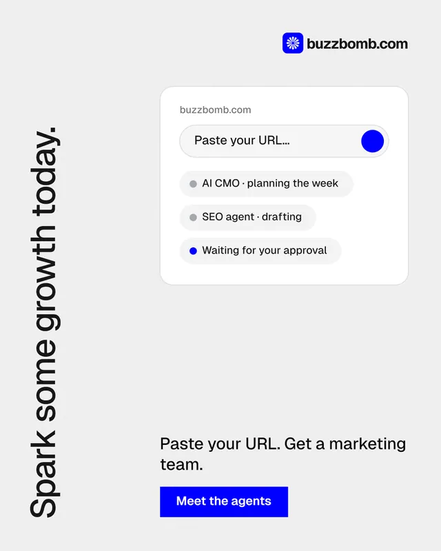 Instagram portrait post for BuzzBomb: "Spark some growth today." Swiss style, vertical layout, light palette in white, blue.