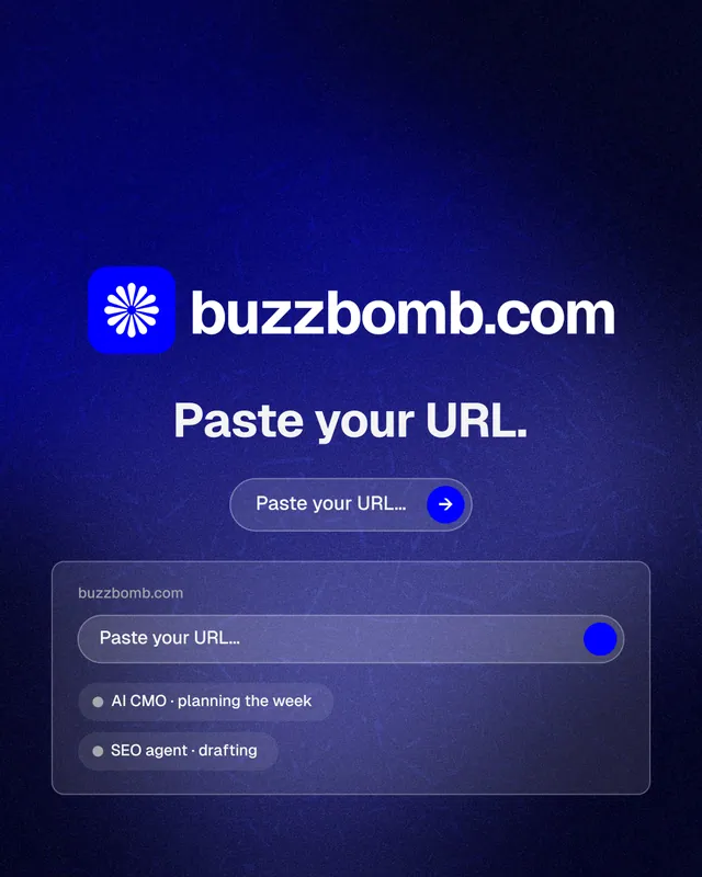 Instagram portrait post for BuzzBomb: "Paste your URL." Agentic glass style, logo hero layout, dark palette in black, blue.