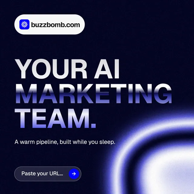 Instagram post for BuzzBomb: "Your AI marketing team." Agentic glass style, announce layout, dark palette in black, blue.