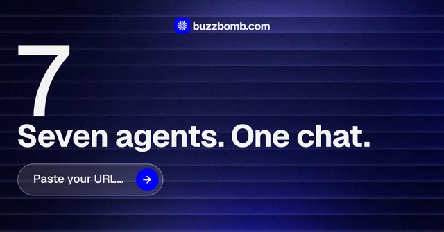 Social ad for BuzzBomb: "Paste your URL." Agentic glass style, stat layout, dark palette in blue, black, grey.