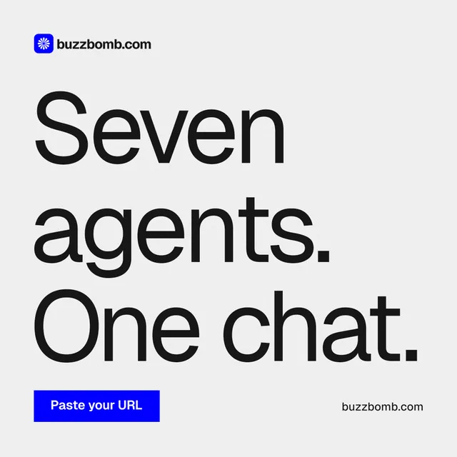 Instagram post for BuzzBomb: "Seven agents. One chat." Swiss style, poster layout, light palette in white, grey.