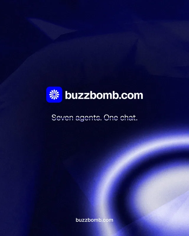 Instagram portrait post for BuzzBomb: "Seven agents. One chat." Agentic glass style, end card layout, dark palette in blue, black.