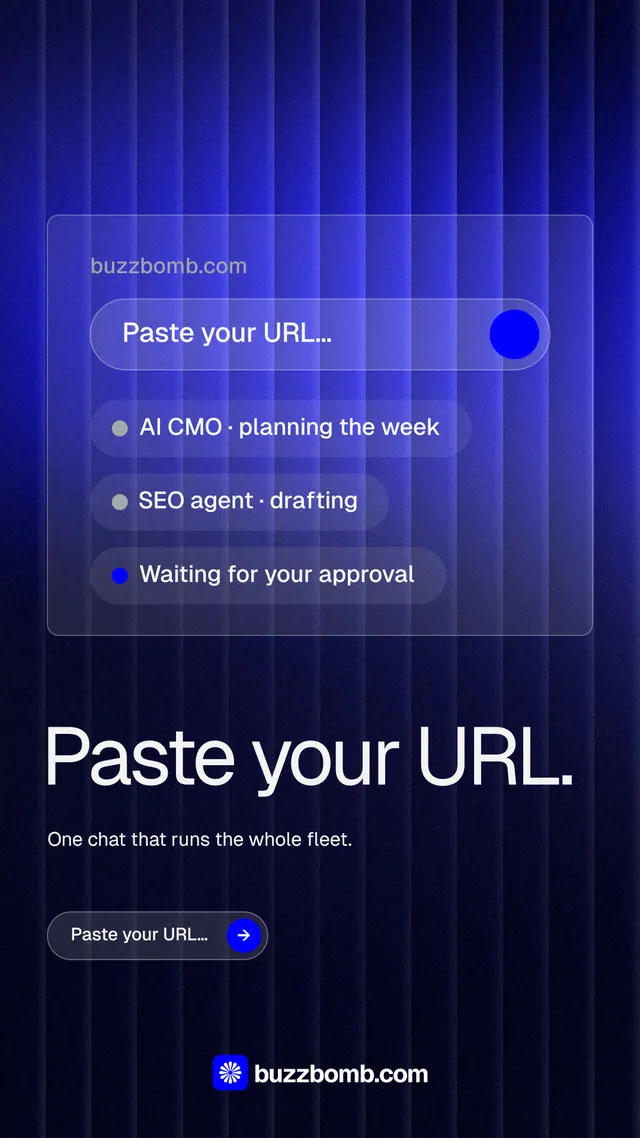 Instagram story for BuzzBomb: "Paste your URL." Agentic glass style, bottom layout, dark palette in black, blue.