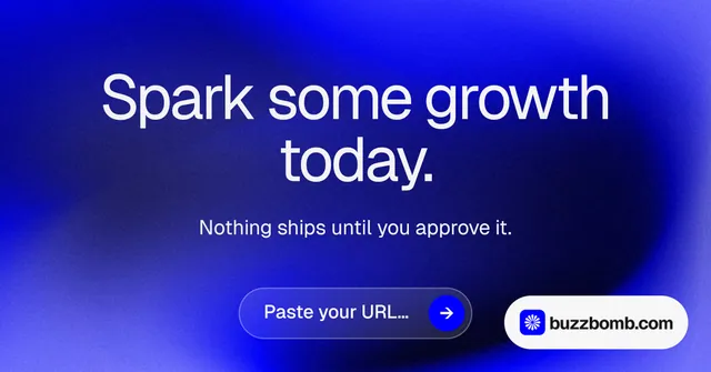 Social ad for BuzzBomb: "Spark some growth today." Agentic glass style, centred layout, dark palette in blue.