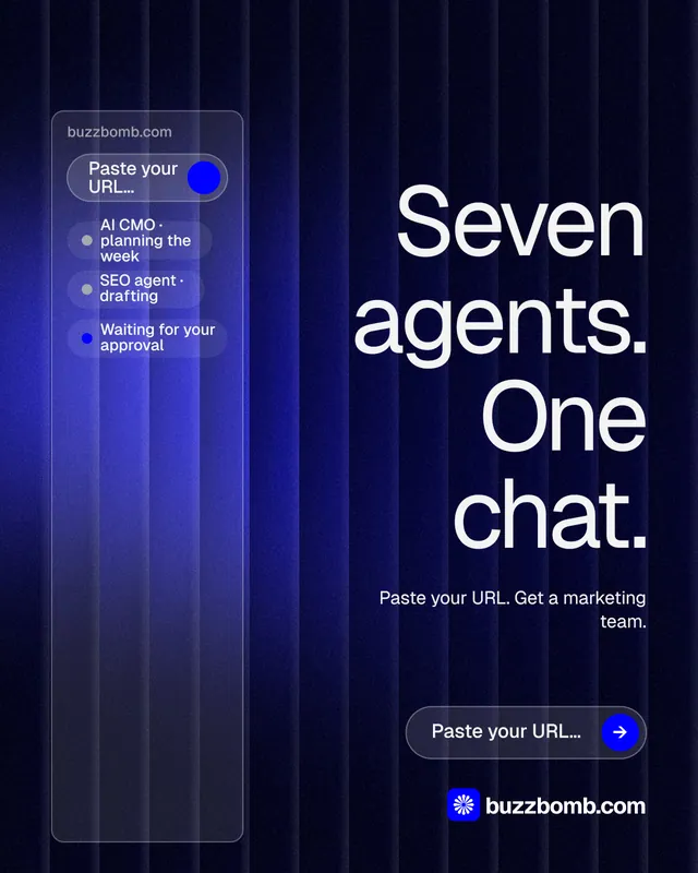 Instagram portrait post for BuzzBomb: "Seven agents. One chat." Agentic glass style, right layout, dark palette in black, blue.