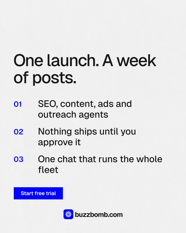 Instagram portrait post for BuzzBomb: "One launch. A week of posts." Swiss style, numbered layout, light palette in white, grey.