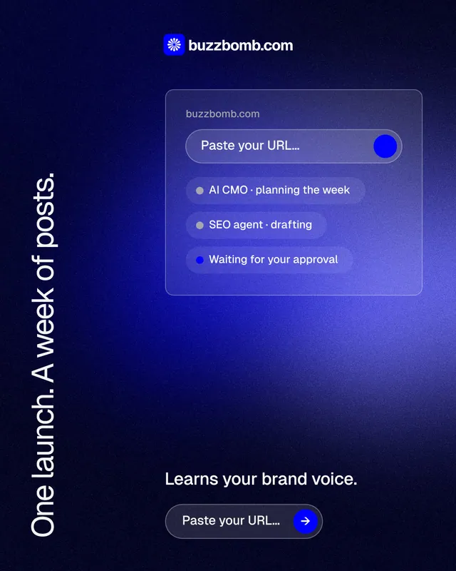 Instagram portrait post for BuzzBomb: "One launch. A week of posts." Agentic glass style, vertical layout, dark palette in black, blue.