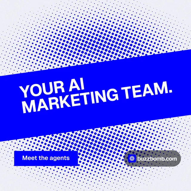 Instagram post for BuzzBomb: "Your AI marketing team." Swiss style, diagonal layout, light palette in blue, white.