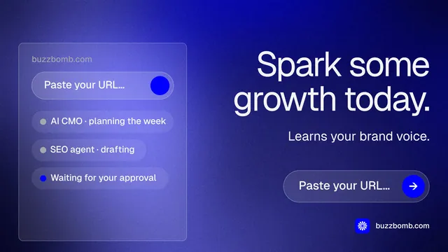 Landscape graphic for BuzzBomb: "Spark some growth today." Agentic glass style, right layout, dark palette in blue.