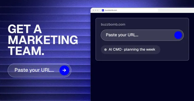 Social ad for BuzzBomb: "Get a marketing team." Agentic glass style, browser layout, dark palette in blue, black.