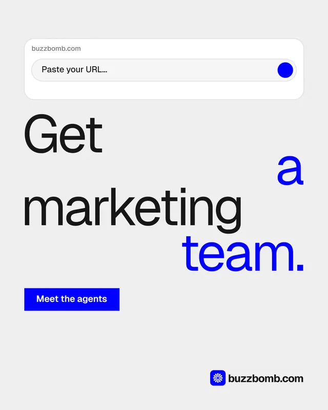 Instagram portrait post for BuzzBomb: "Get a marketing team." Swiss style, stacked layout, light palette in white, blue.