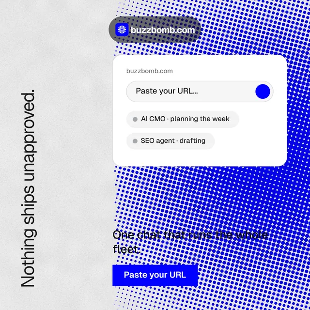 Instagram post for BuzzBomb: "Nothing ships unapproved." Swiss style, vertical layout, light palette in white, blue.