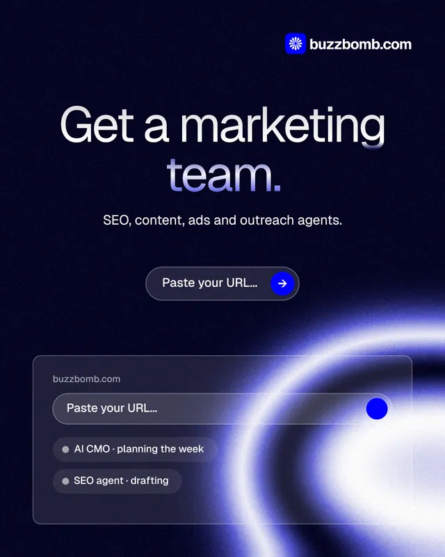 Instagram portrait post for BuzzBomb: "Get a marketing team." Agentic glass style, centred layout, dark palette in black, blue.