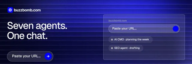 X header for BuzzBomb: "Seven agents. One chat." Agentic glass style, bottom layout, dark palette in blue.