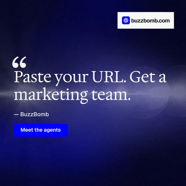Instagram post for BuzzBomb: "Distribution, solved." Swiss style, quote layout, dark palette in blue, black.