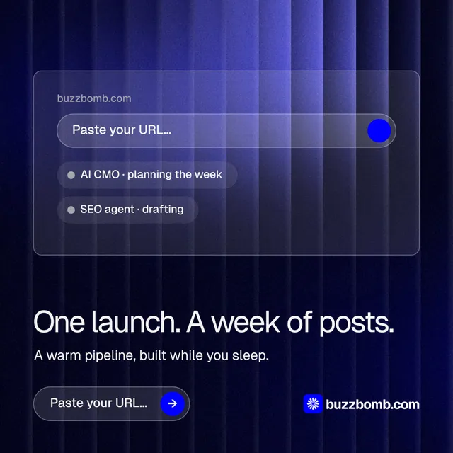 Instagram post for BuzzBomb: "One launch. A week of posts." Agentic glass style, bottom layout, dark palette in black, blue.