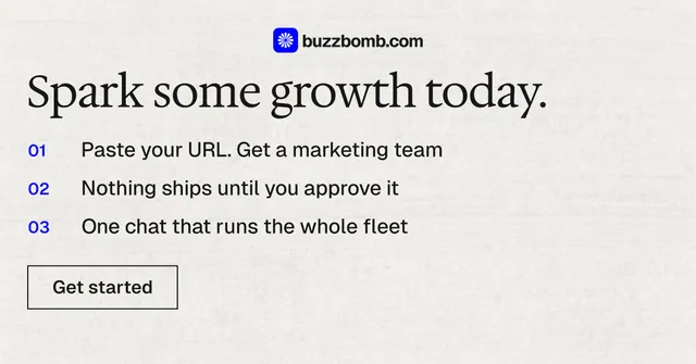 Social ad for BuzzBomb: "Spark some growth today." Editorial style, numbered layout, light palette in white, grey.