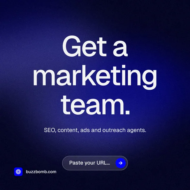 Instagram post for BuzzBomb: "Get a marketing team." Agentic glass style, centred layout, dark palette in black, blue.