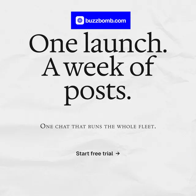Instagram post for BuzzBomb: "One launch. A week of posts." Swiss style, smallcaps layout, light palette in white, blue.