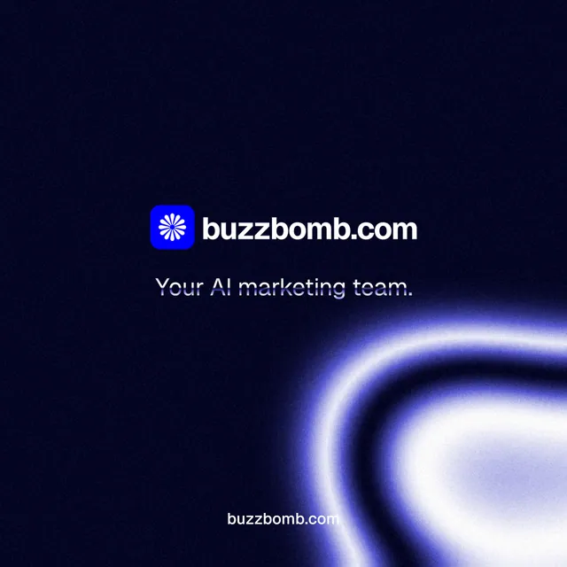 Instagram post for BuzzBomb: "Your AI marketing team." Agentic glass style, end card layout, dark palette in black, blue.