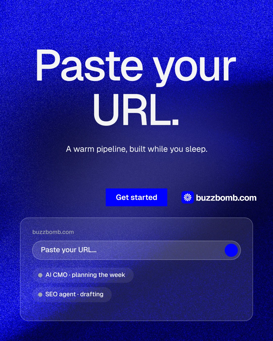 Instagram portrait post for BuzzBomb: "Paste your URL." Swiss style, centred layout, dark palette in blue.