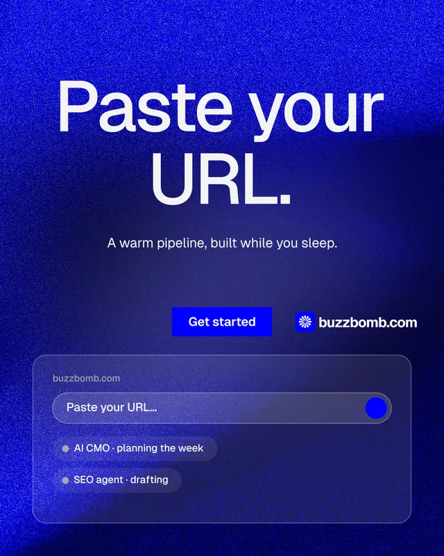 Instagram portrait post for BuzzBomb: "Paste your URL." Swiss style, centred layout, dark palette in blue.