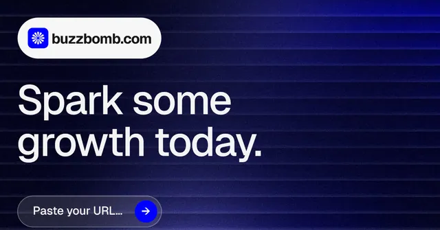 Social ad for BuzzBomb: "Spark some growth today." Agentic glass style, announce layout, dark palette in black, blue, grey.