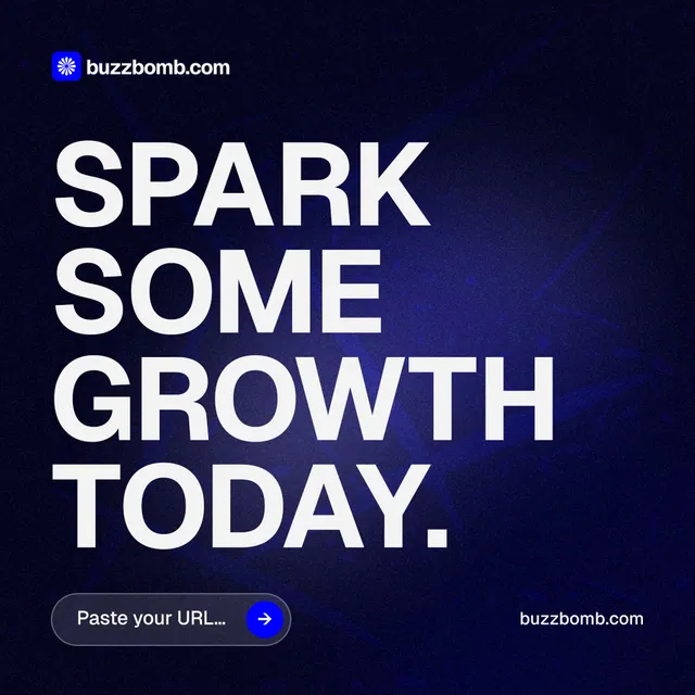 Instagram post for BuzzBomb: "Spark some growth today." Agentic glass style, poster layout, dark palette in black, blue, grey.
