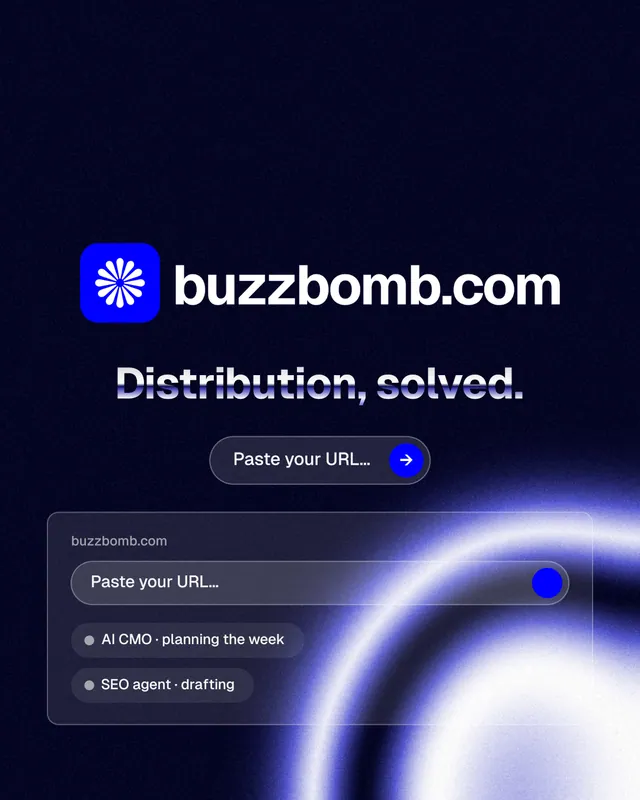 Instagram portrait post for BuzzBomb: "Distribution, solved." Agentic glass style, logo hero layout, dark palette in black, blue.