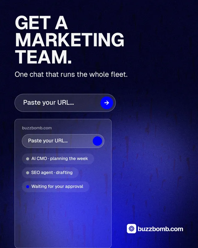 Instagram portrait post for BuzzBomb: "Get a marketing team." Agentic glass style, skeleton layout, dark palette in black, blue.