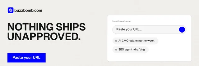 X header for BuzzBomb: "Nothing ships unapproved." Swiss style, bottom layout, light palette in white, blue.