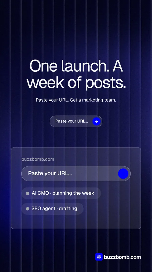 Instagram story for BuzzBomb: "One launch. A week of posts." Agentic glass style, centred layout, dark palette in black, blue.