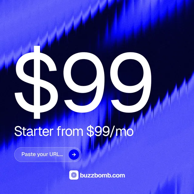 Instagram post for BuzzBomb: "Get a marketing team." Agentic glass style, stat layout, dark palette in blue.