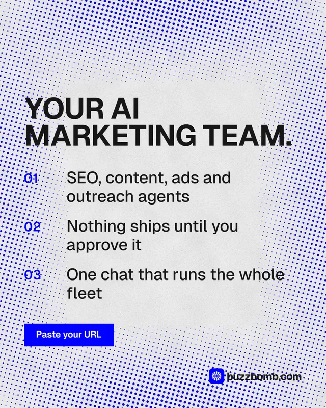 Instagram portrait post for BuzzBomb: "Your AI marketing team." Swiss style, numbered layout, light palette in white, blue.