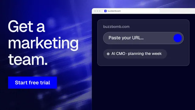 Landscape graphic for BuzzBomb: "Get a marketing team." Swiss style, browser layout, dark palette in black, blue.