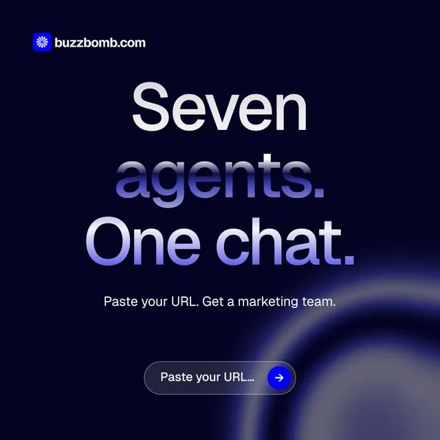 Instagram post for BuzzBomb: "Seven agents. One chat." Agentic glass style, centred layout, dark palette in black, blue.