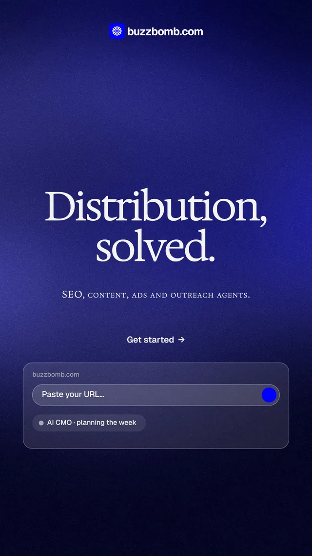 Instagram story for BuzzBomb: "Distribution, solved." Swiss style, smallcaps layout, dark palette in blue, black.