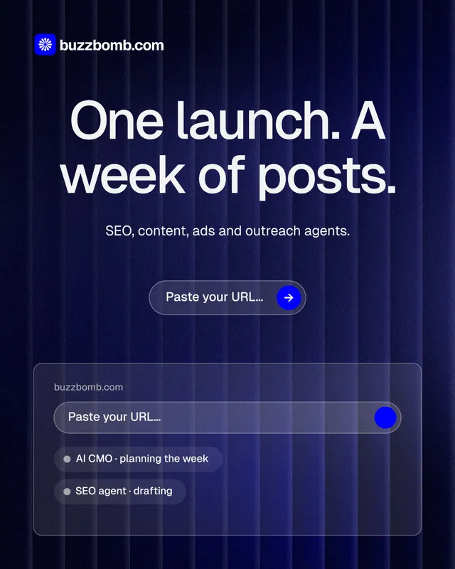 Instagram portrait post for BuzzBomb: "One launch. A week of posts." Agentic glass style, centred layout, dark palette in black, blue, grey.